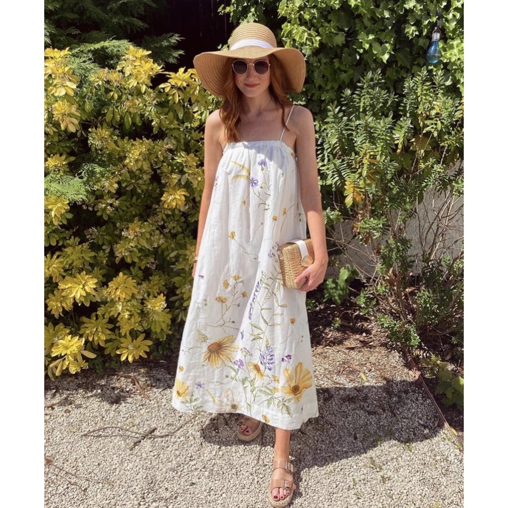 H&M Womens Linen Blend‎ Floral Wildflower Maxi Dress White Yellow Size M NEW